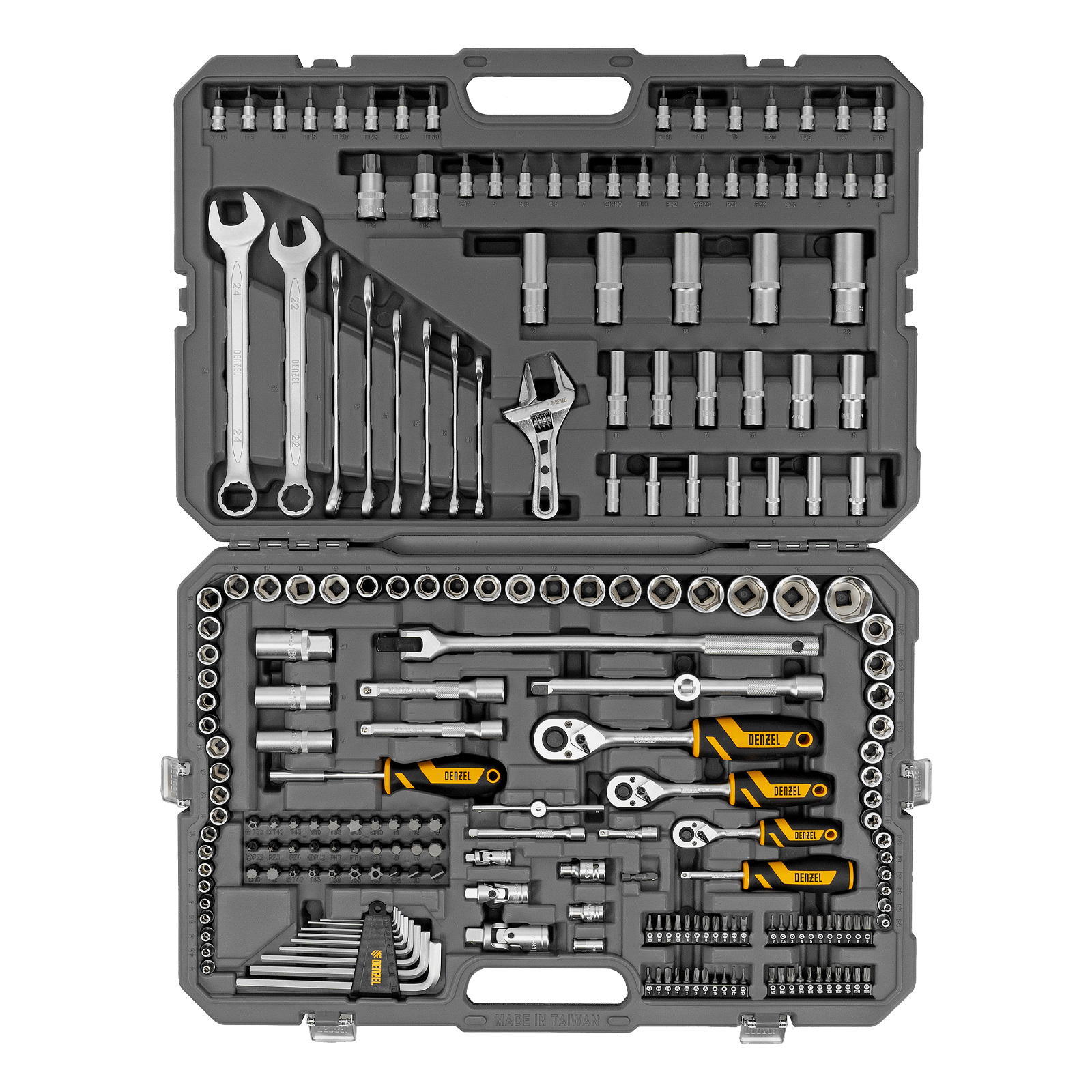 DENZEL Набор инструментов 1/2", 1/4", 3/8", CrV, S2, пластиковый кейс, 216 предметов