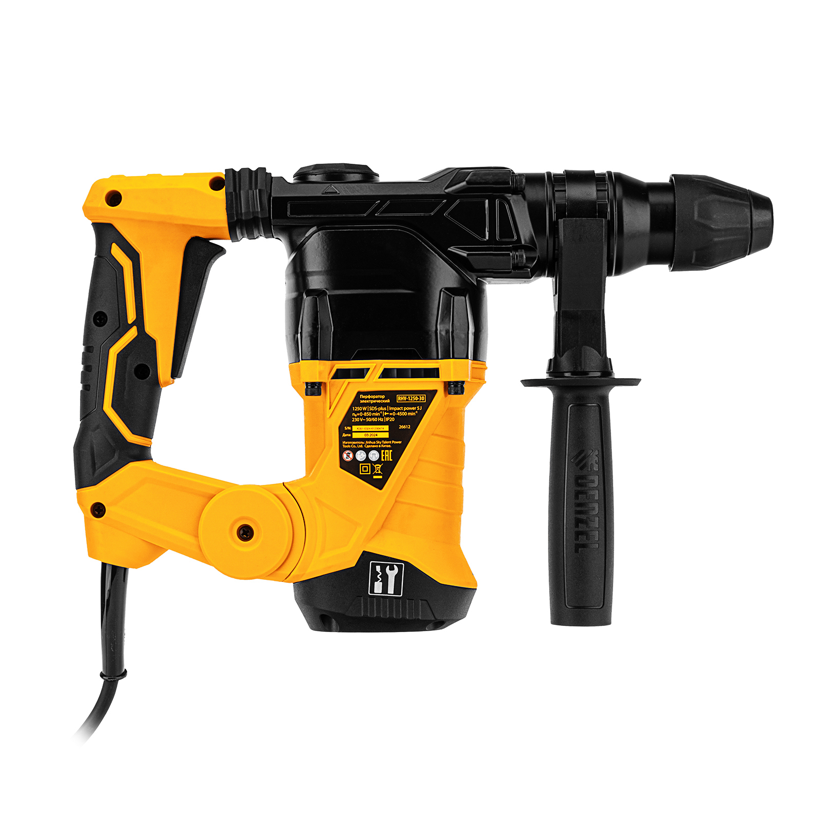 DENZEL Перфоратор электрический  RHV-1250-30, SDS-plus, 1250 Вт, 5 Дж, 3 плюс 1 режим
