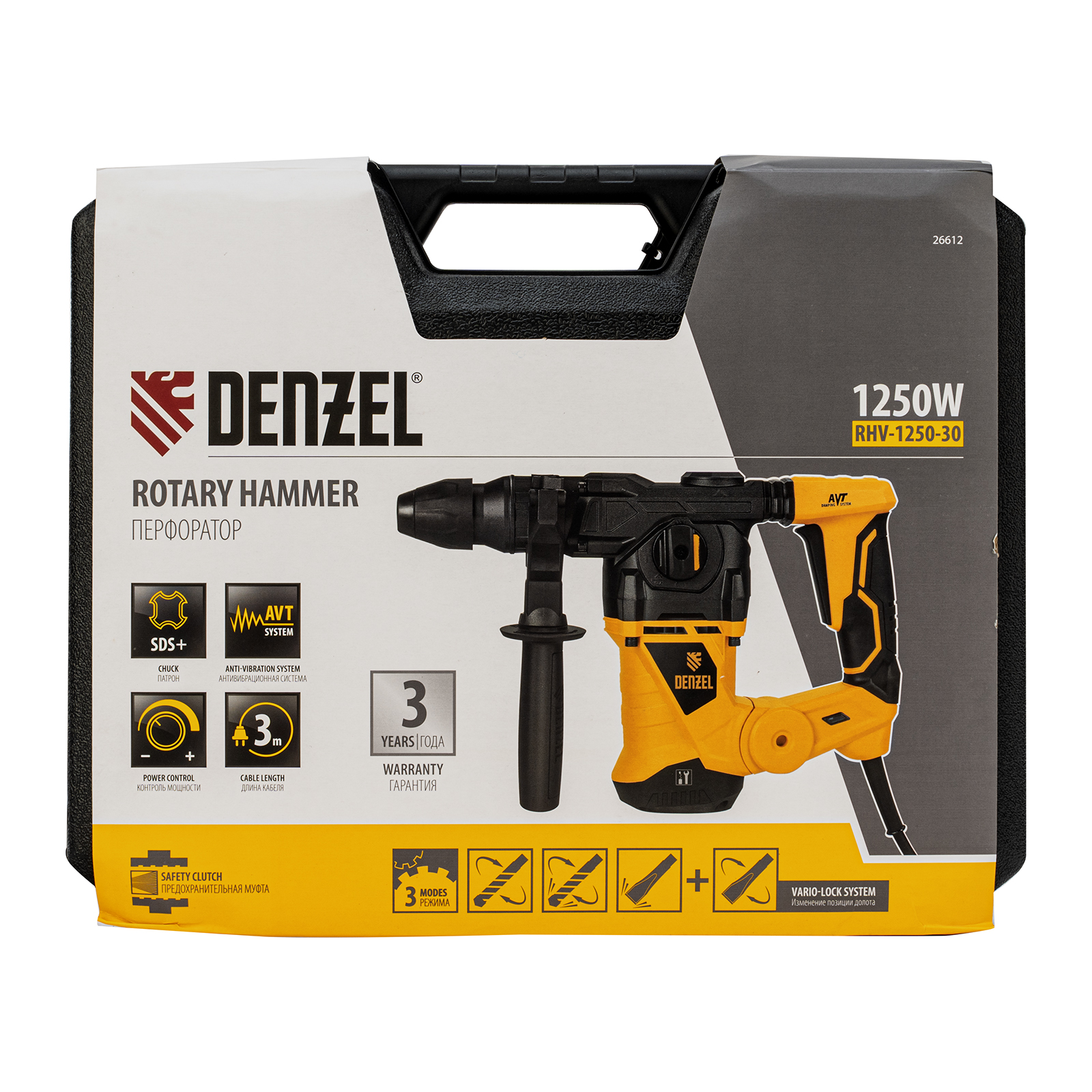 DENZEL Перфоратор электрический  RHV-1250-30, SDS-plus, 1250 Вт, 5 Дж, 3 плюс 1 режим