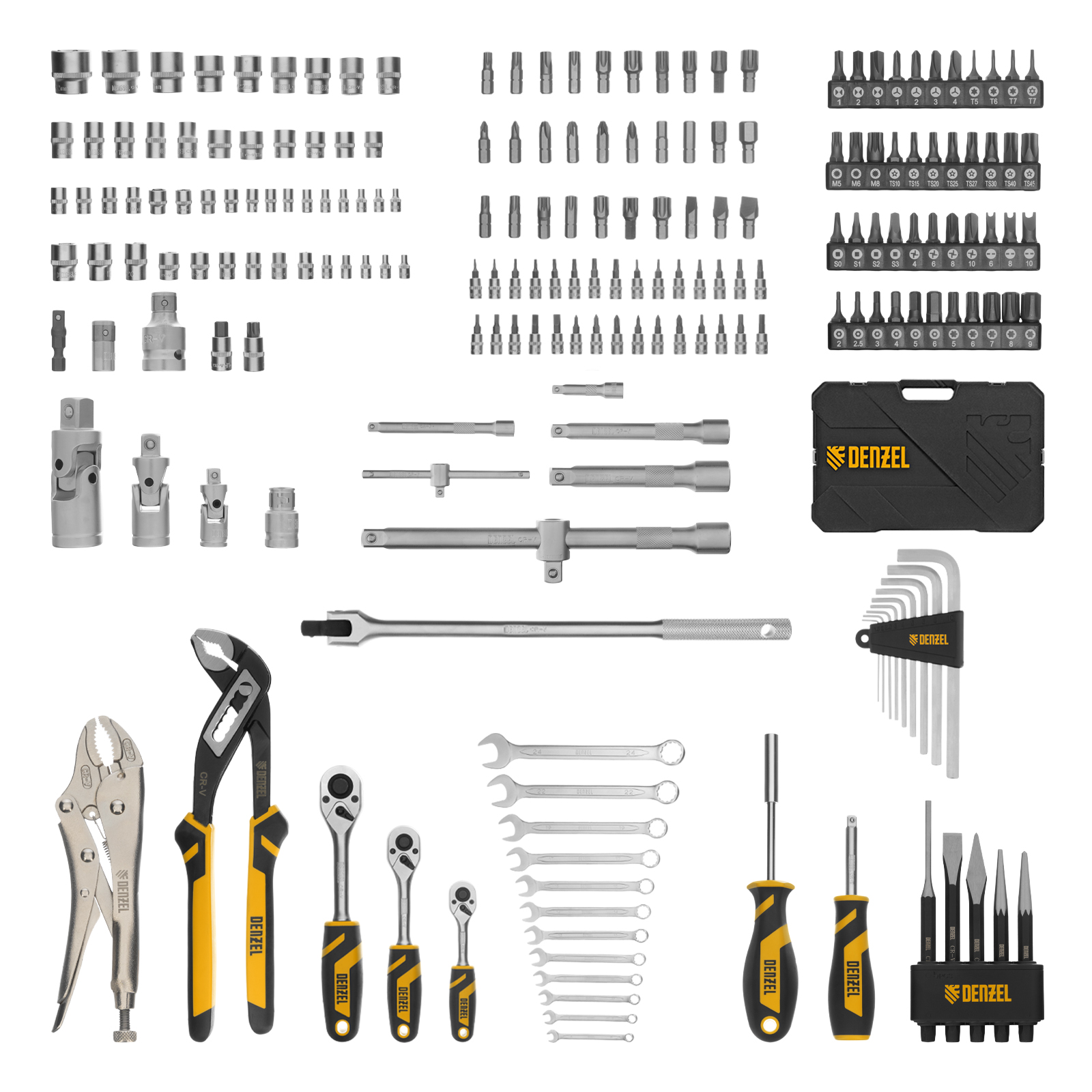 DENZEL Набор инструментов 1/2", 3/8", 1/4", CrV, S2, пластиковый кейс, 232 предмета