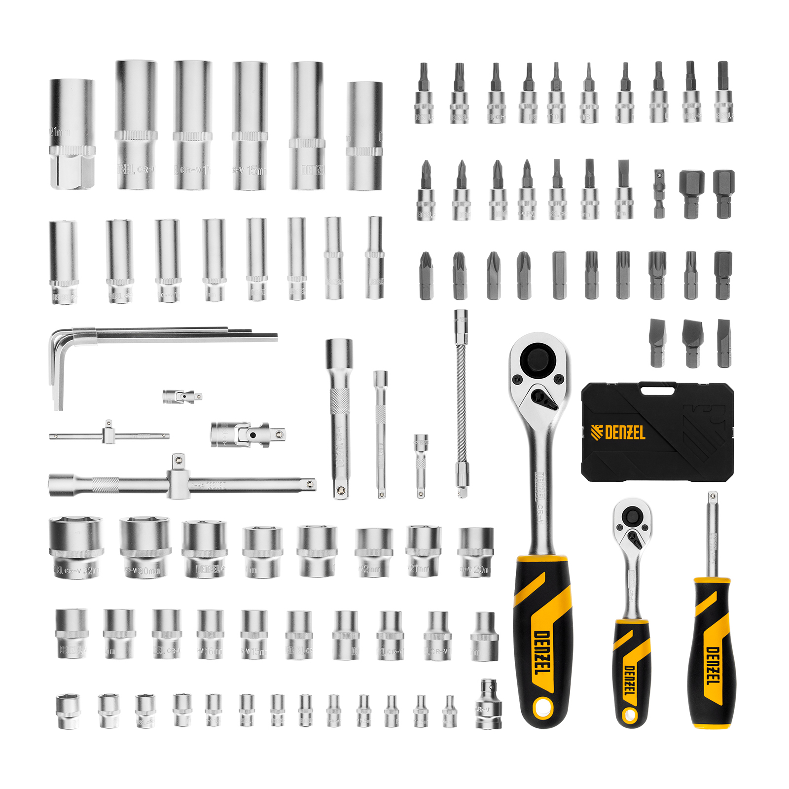 DENZEL Набор инструментов 1/2", 1/4", CrV, S2, пластиковый кейс, 94 предмета