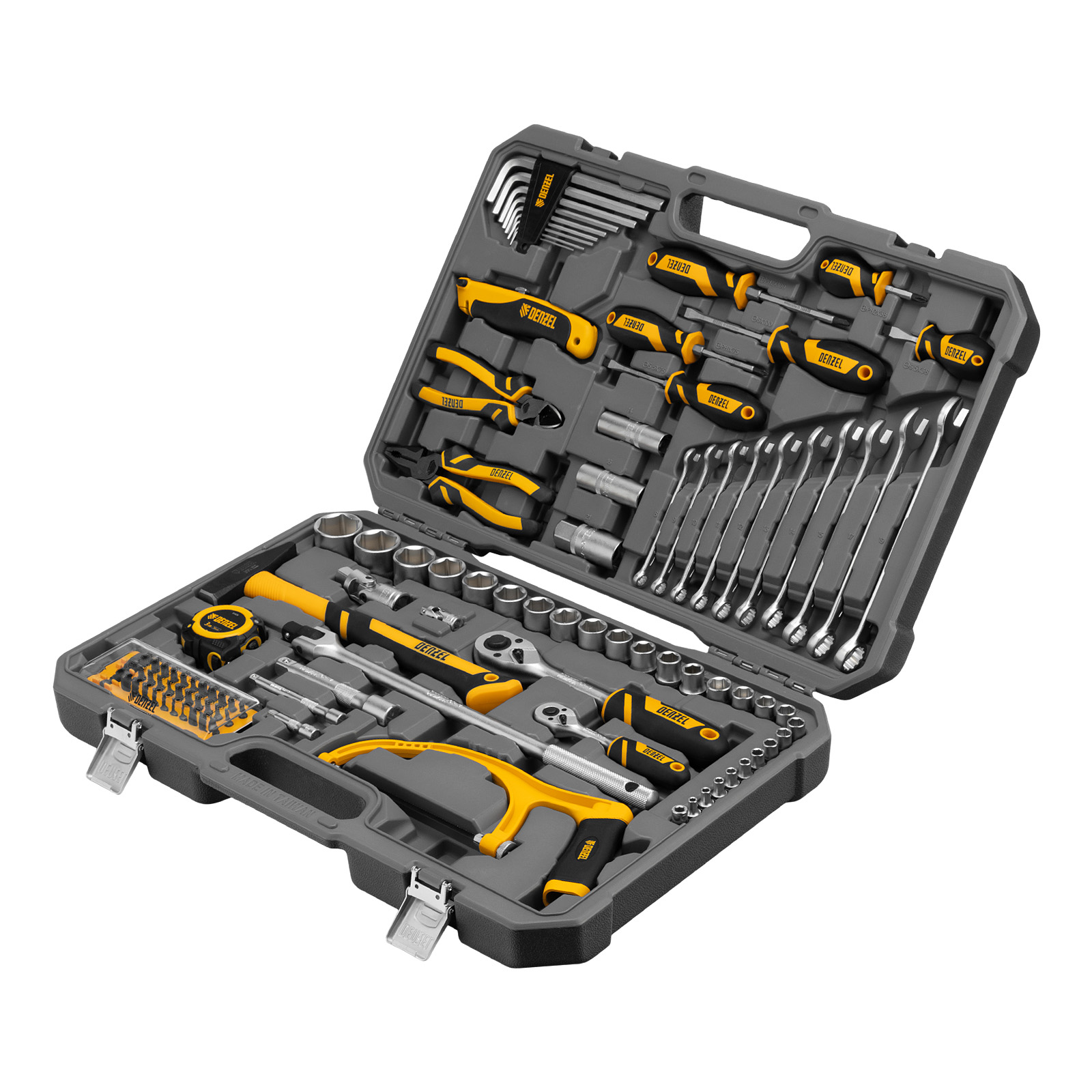 DENZEL Набор инструментов 1/2", 1/4", CrV, S2, пластиковый кейс, 100 предметов
