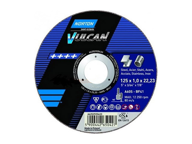 Norton отрезные диски Vulcan по металлу и нержавеющей стали (125х1.0х22,23, тип 41, бакелитовая связка с усилением BF41, A 60 S, 66252925433)