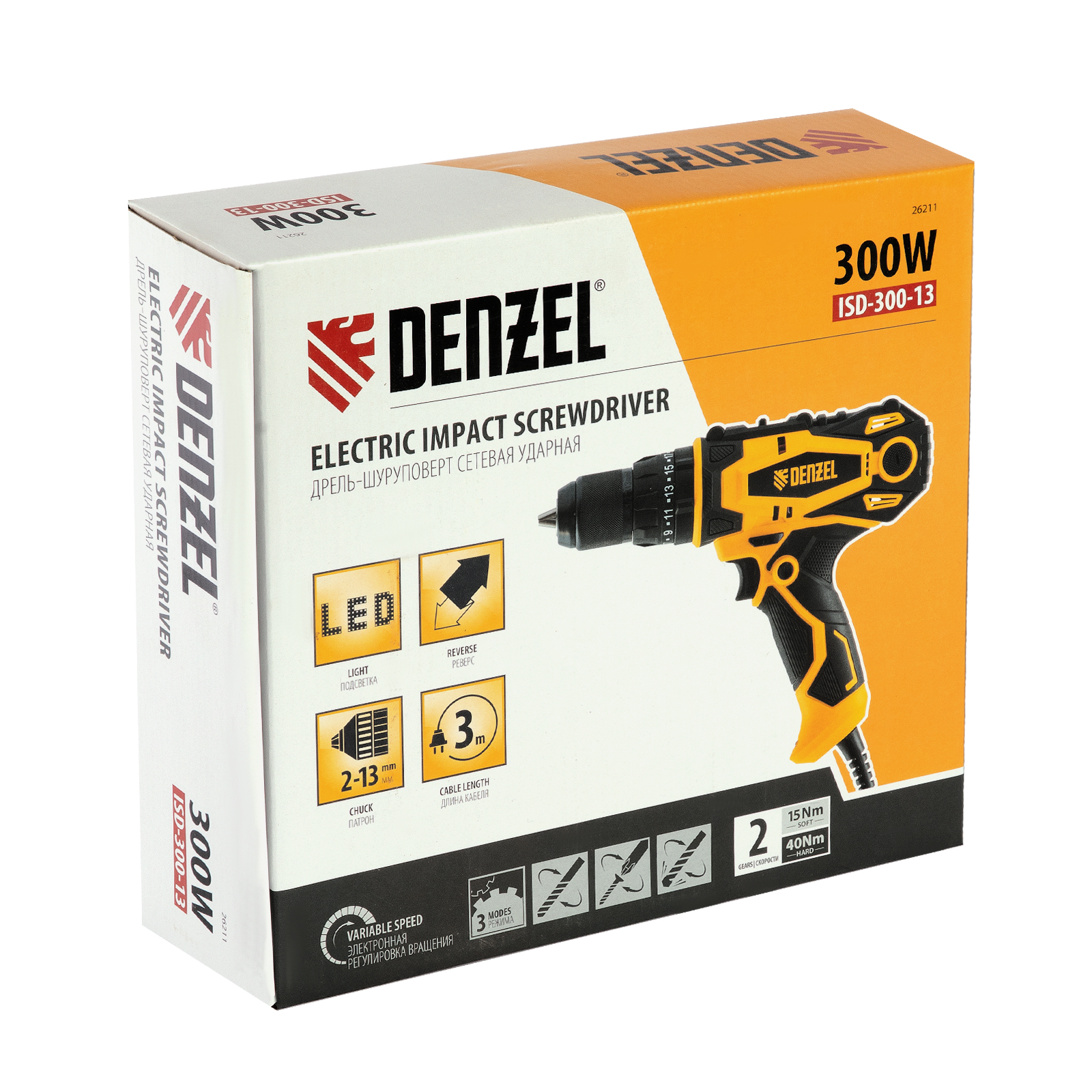 DENZEL Дрель-шуруповерт сетевая ударная  ISD-300-13