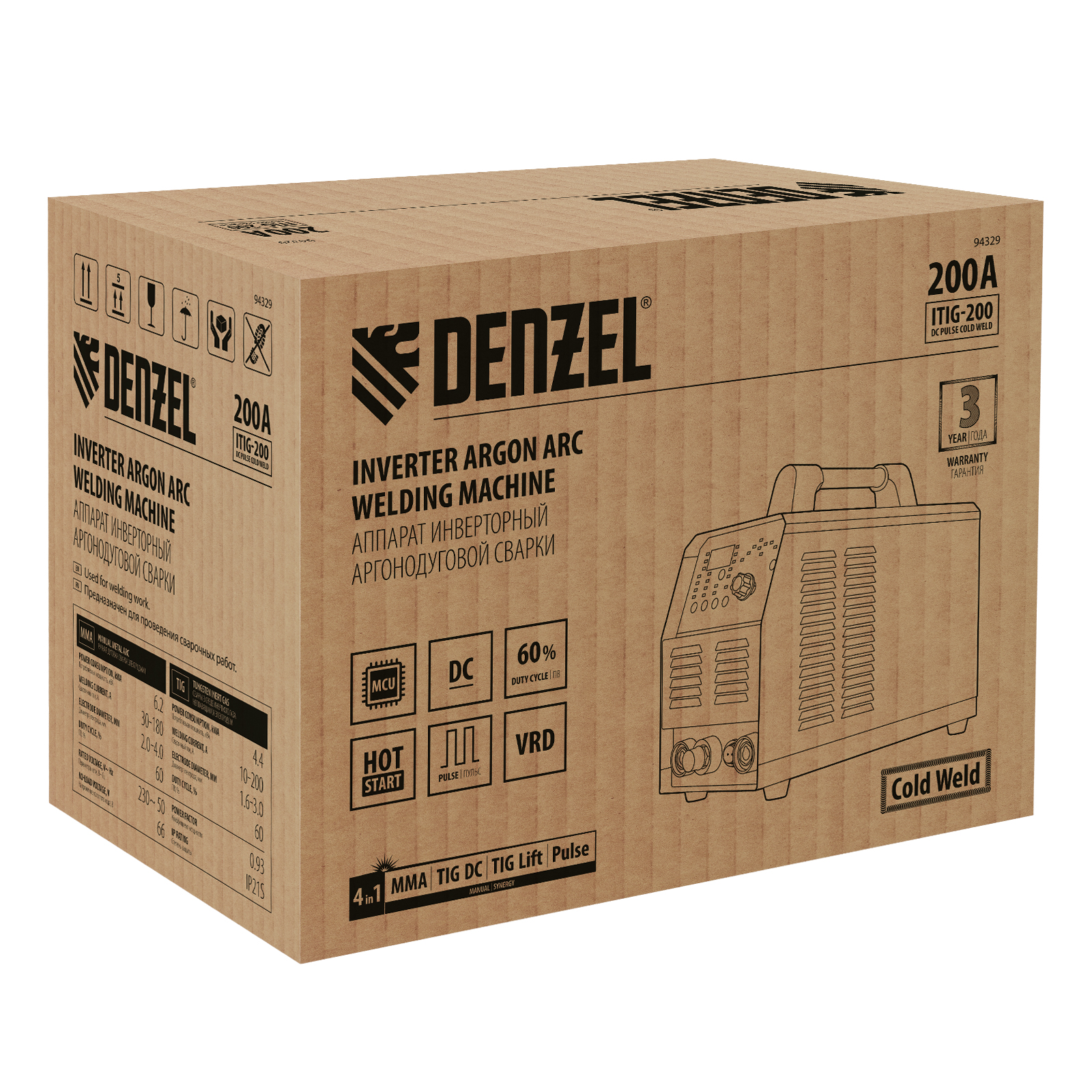 DENZEL Аргонодуговой аппарат ITIG-200 DС Pulse Cold Weld, 200 А, ПВ 60%