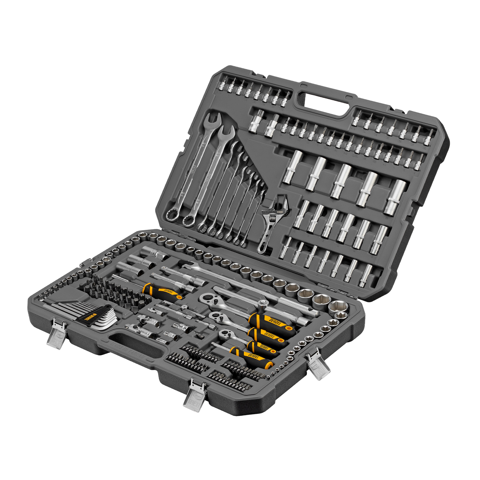 DENZEL Набор инструментов 1/2", 1/4", 3/8", CrV, S2, пластиковый кейс, 216 предметов