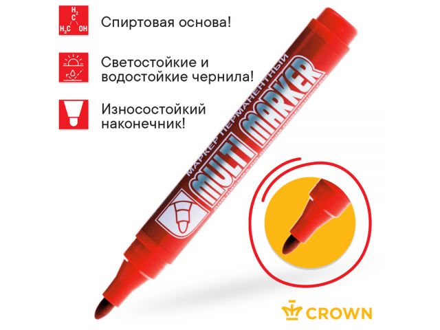 CROWN Маркер перманентный (MULTI MARKER, толщ. линии 3.0 мм, цвет красный, CPM-800Red)