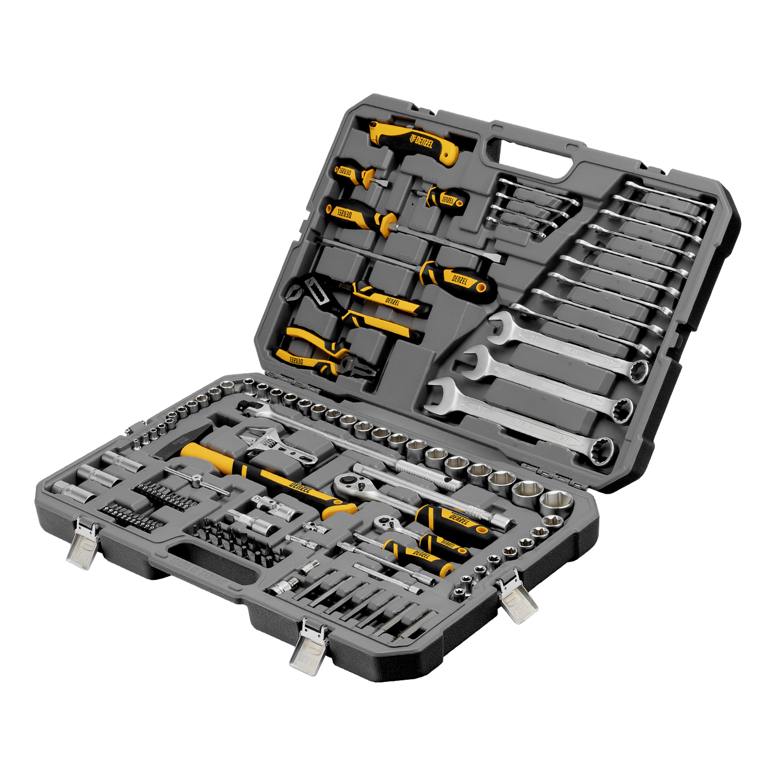 DENZEL Набор инструментов 1/2", 1/4", CrV, S2, пластиковый кейс, 122 предмета