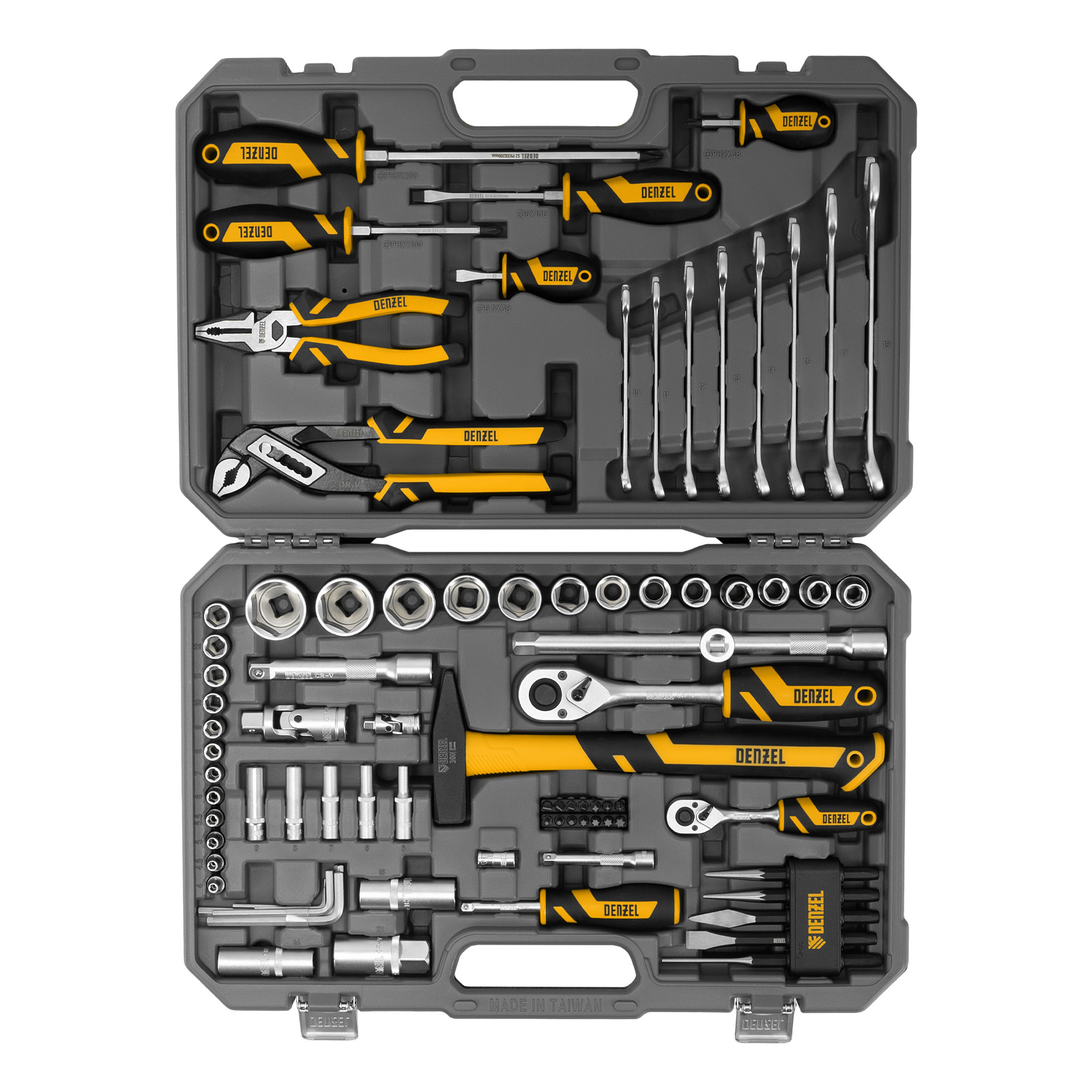 DENZEL Набор инструментов 1/2", 1/4", CrV, S2, пластиковый кейс, 84 предмета