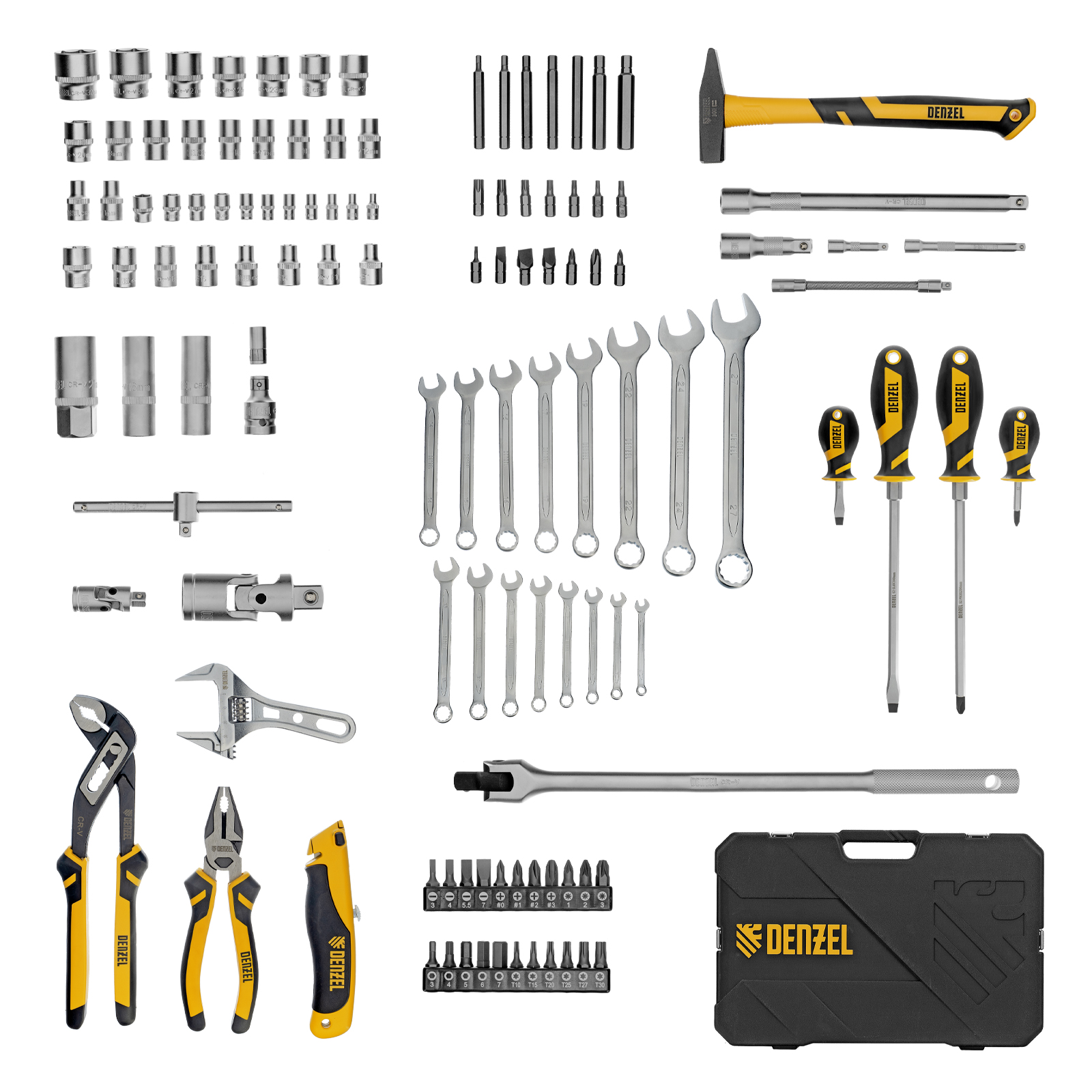 DENZEL Набор инструментов 1/2", 1/4", CrV, S2, пластиковый кейс, 122 предмета