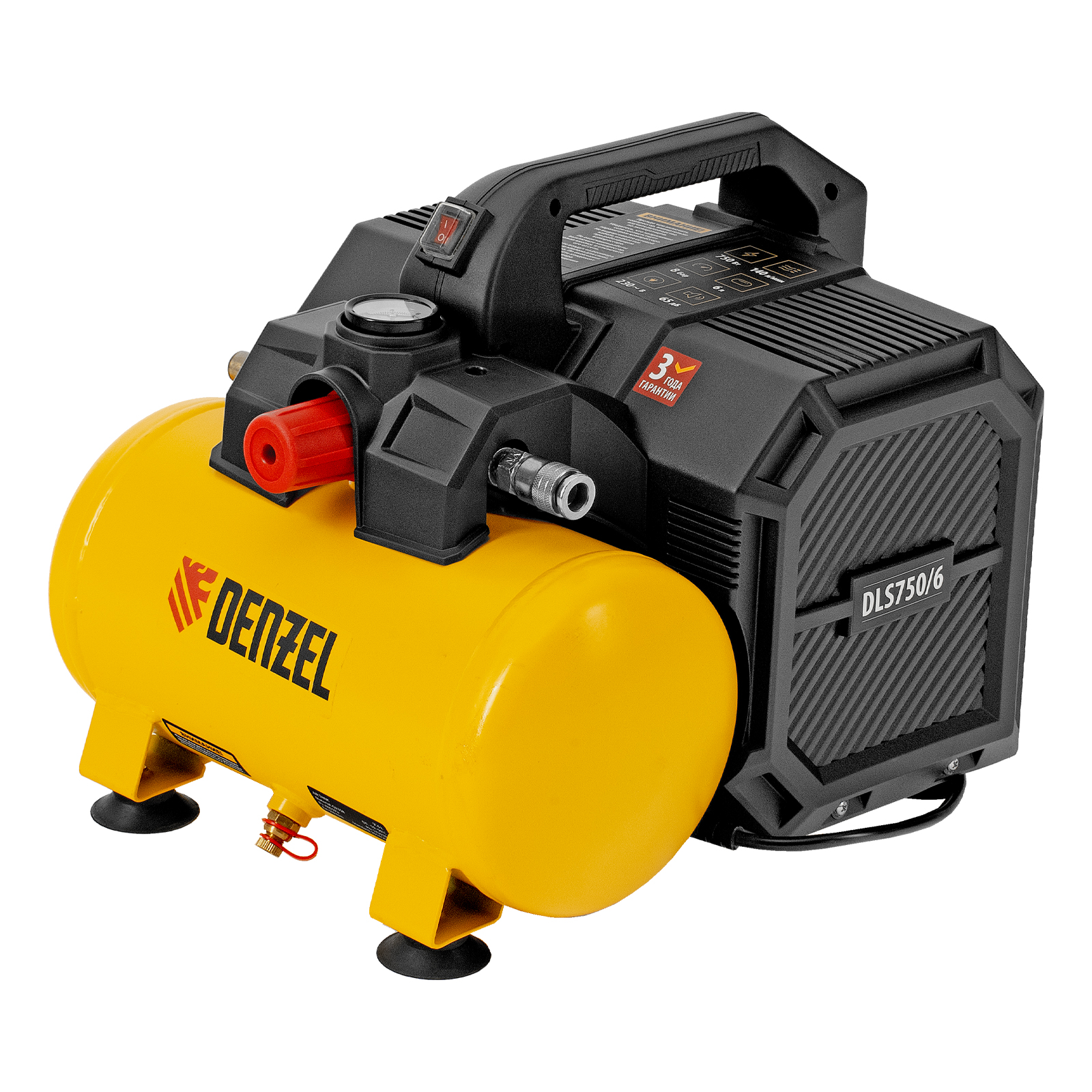 DENZEL Компрессор DLS750/6 безмасляный малошумный 750 Вт, 140 л/мин,ресивер 6 л(58019)