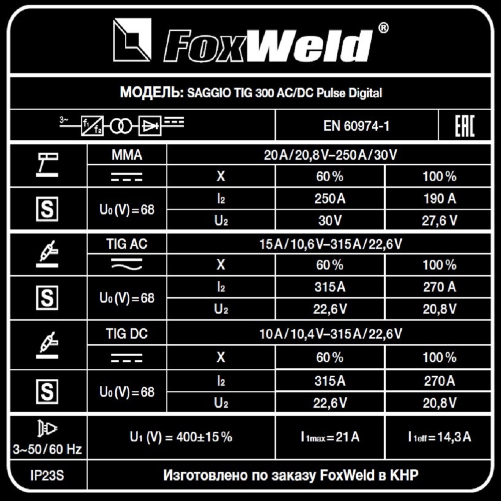 Foxweld Аргонодуговой аппарат SAGGIO TIG 300 AC/DC Pulse Digital