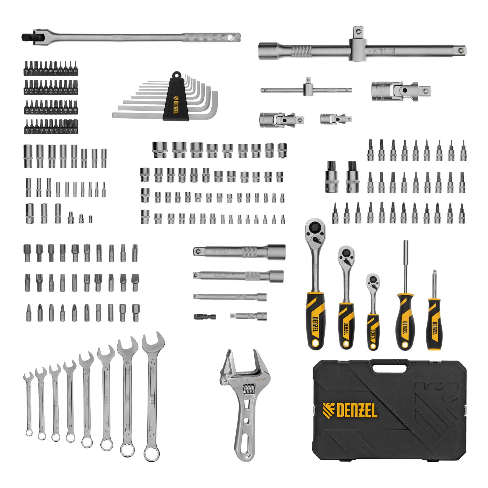 DENZEL Набор инструментов 1/2", 1/4", 3/8", CrV, S2, пластиковый кейс, 216 предметов