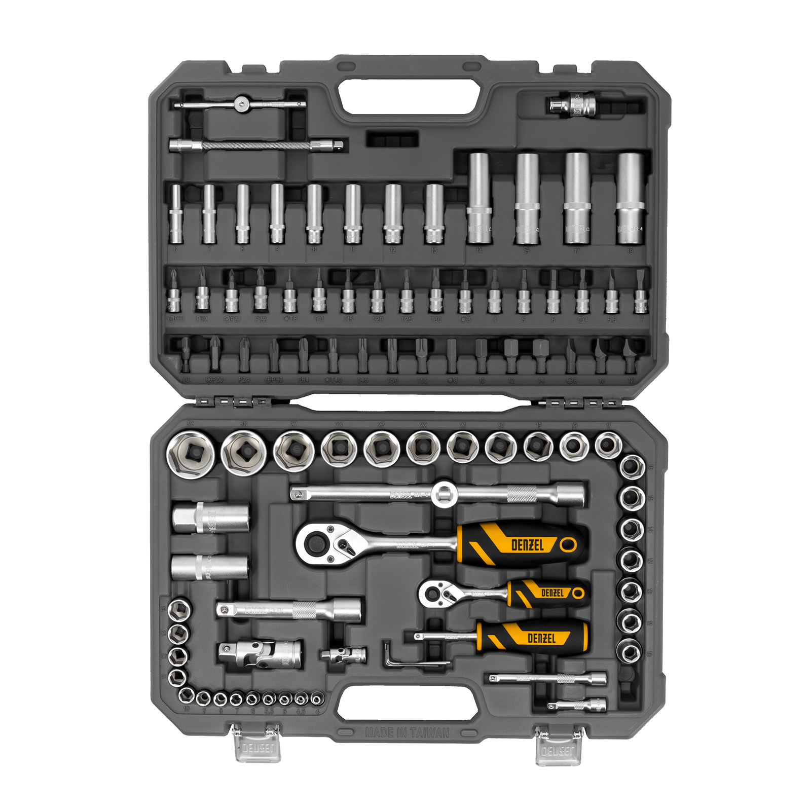 DENZEL Набор инструментов 1/2", 1/4", CrV, S2, пластиковый кейс, 94 предмета