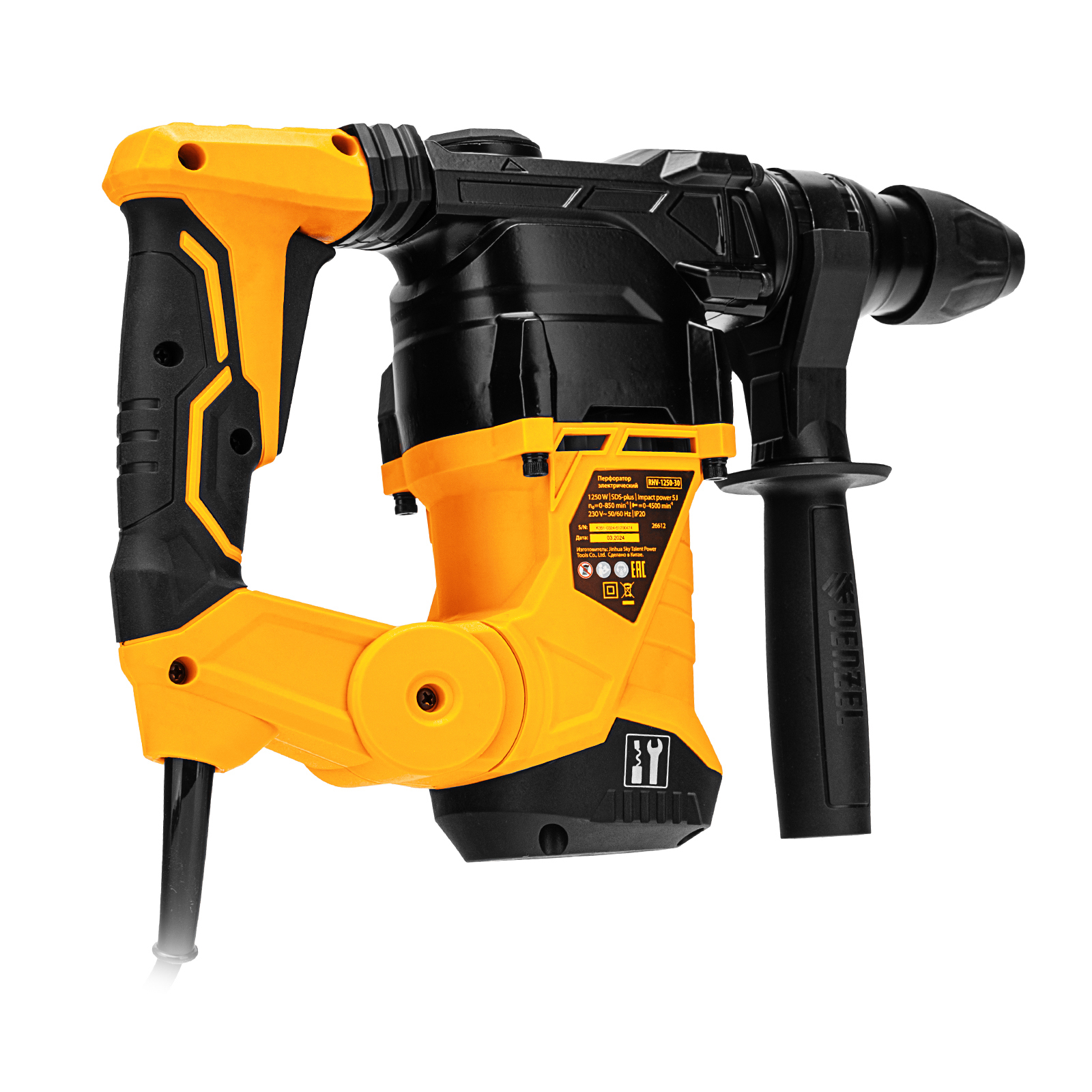 DENZEL Перфоратор электрический  RHV-1250-30, SDS-plus, 1250 Вт, 5 Дж, 3 плюс 1 режим