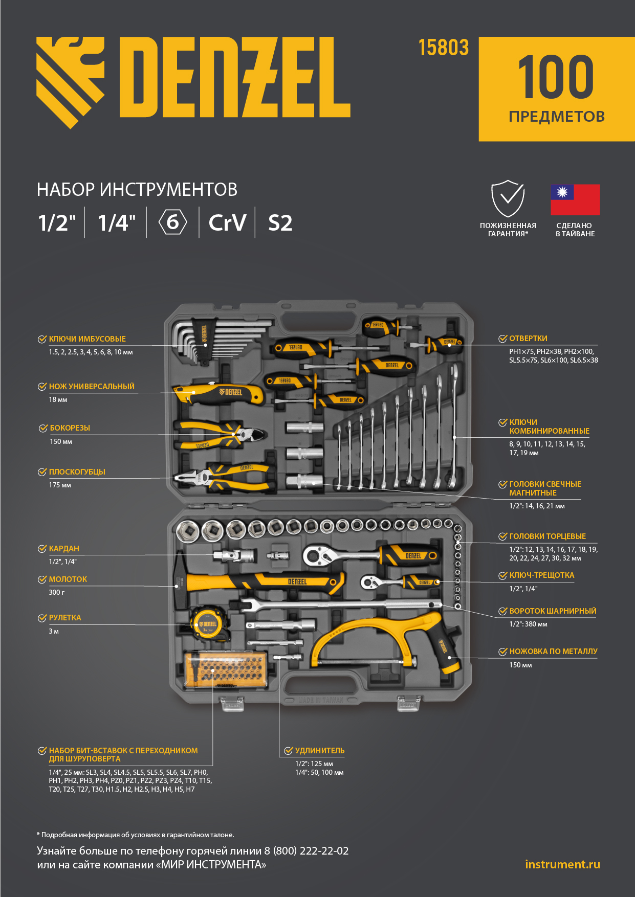 DENZEL Набор инструментов 1/2", 1/4", CrV, S2, пластиковый кейс, 100 предметов