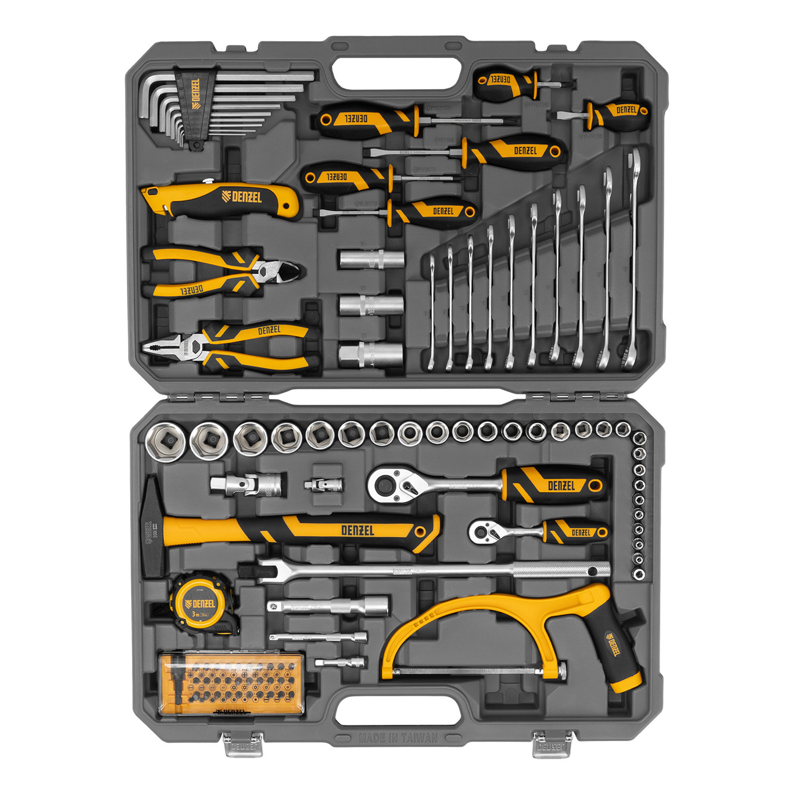 DENZEL Набор инструментов 1/2", 1/4", CrV, S2, пластиковый кейс, 100 предметов