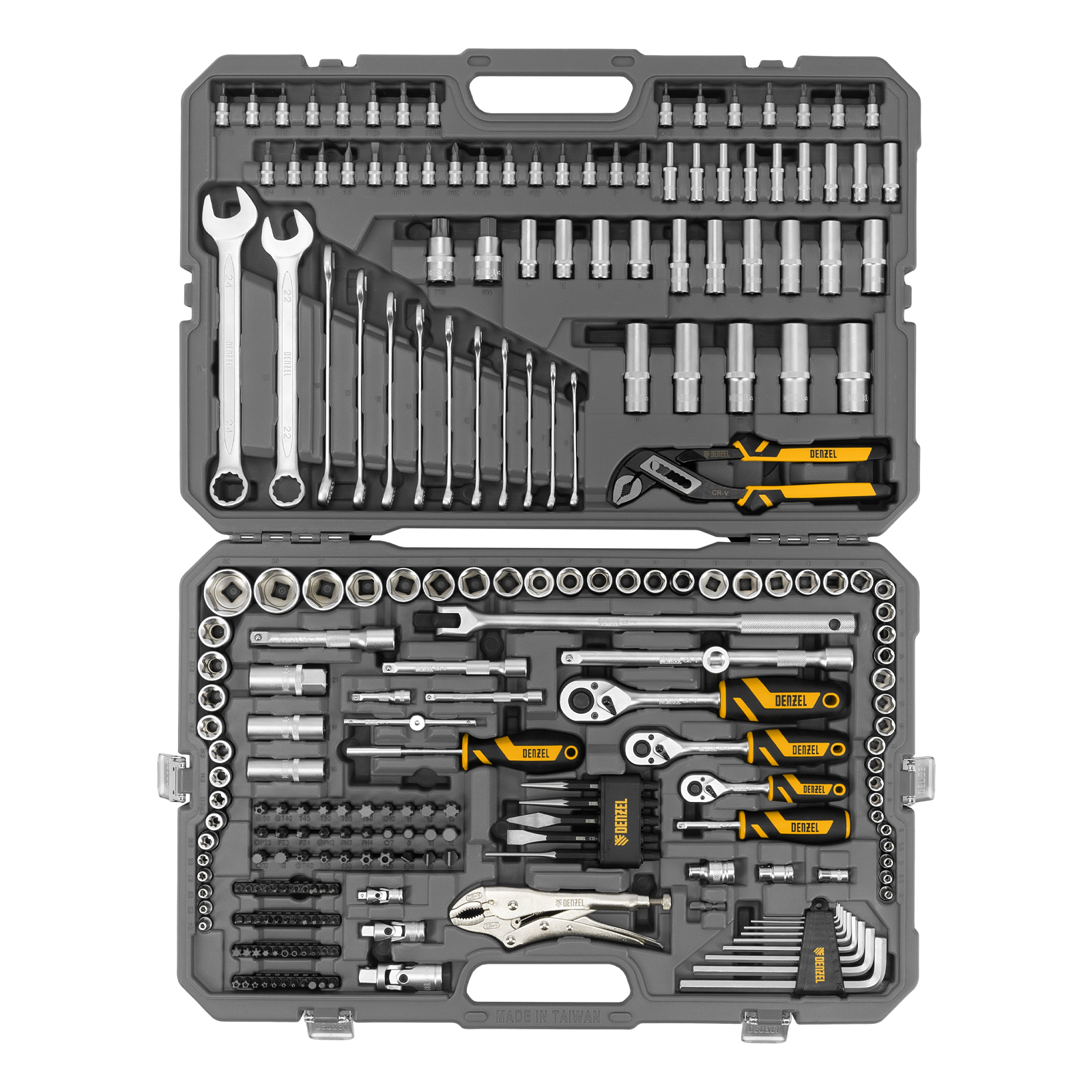 DENZEL Набор инструментов 1/2", 3/8", 1/4", CrV, S2, пластиковый кейс, 232 предмета