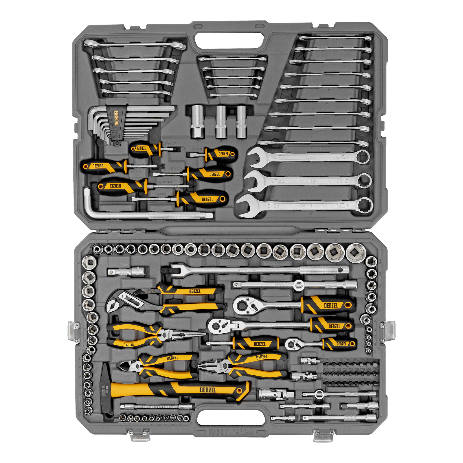 DENZEL Набор инструментов 1/2", 1/4", 3/8", CrV, S2, пластиковый кейс, 144 предмета