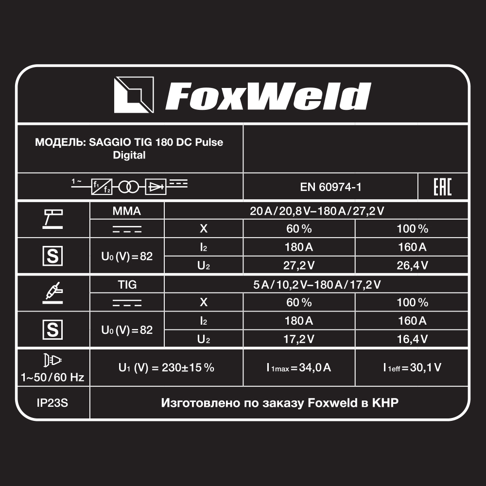 Foxweld Аргонодуговой аппарат SAGGIO TIG 180 DC PULSE DIGITAL