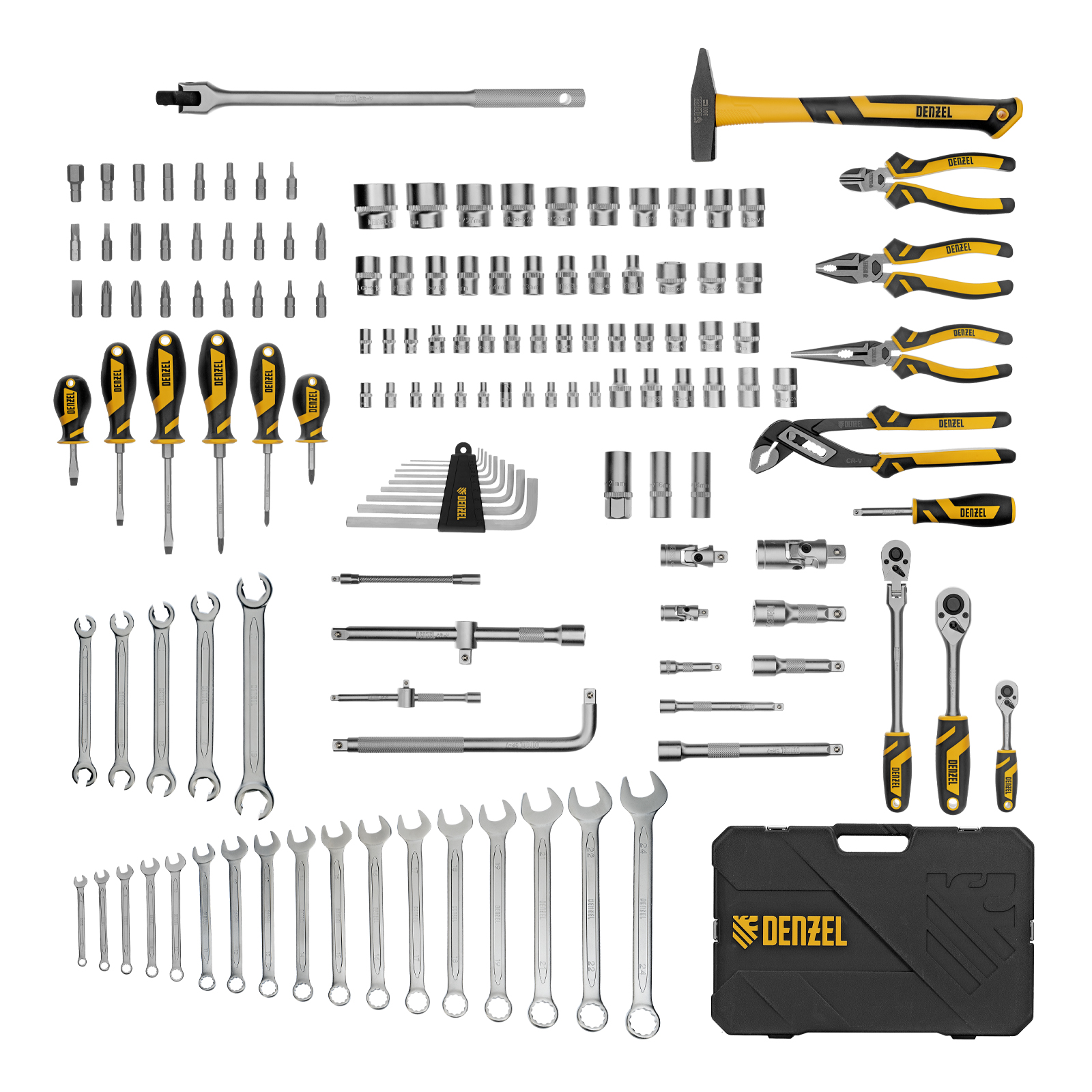 DENZEL Набор инструментов 1/2", 1/4", 3/8", CrV, S2, пластиковый кейс, 144 предмета